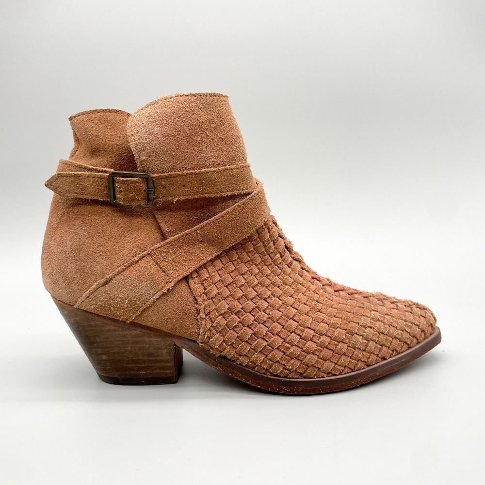 Free People Venture Woven Suede Boots Womens 37 6.5 Tan Buckle Strap Heel Shoes